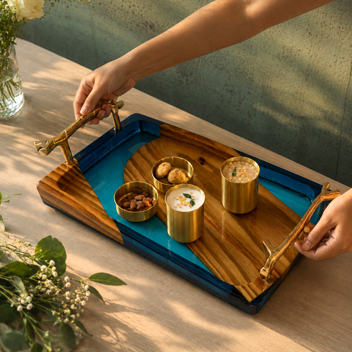 Wooden & Resin Serving Tray with Metal Handels
