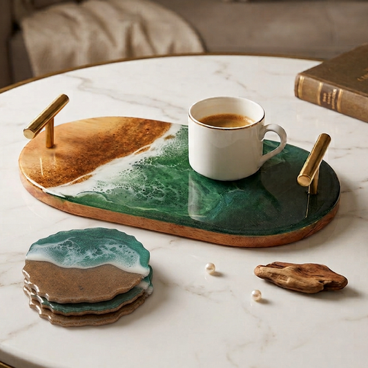Classic Resin & Wooden Tray with Coasters | Colour- Green