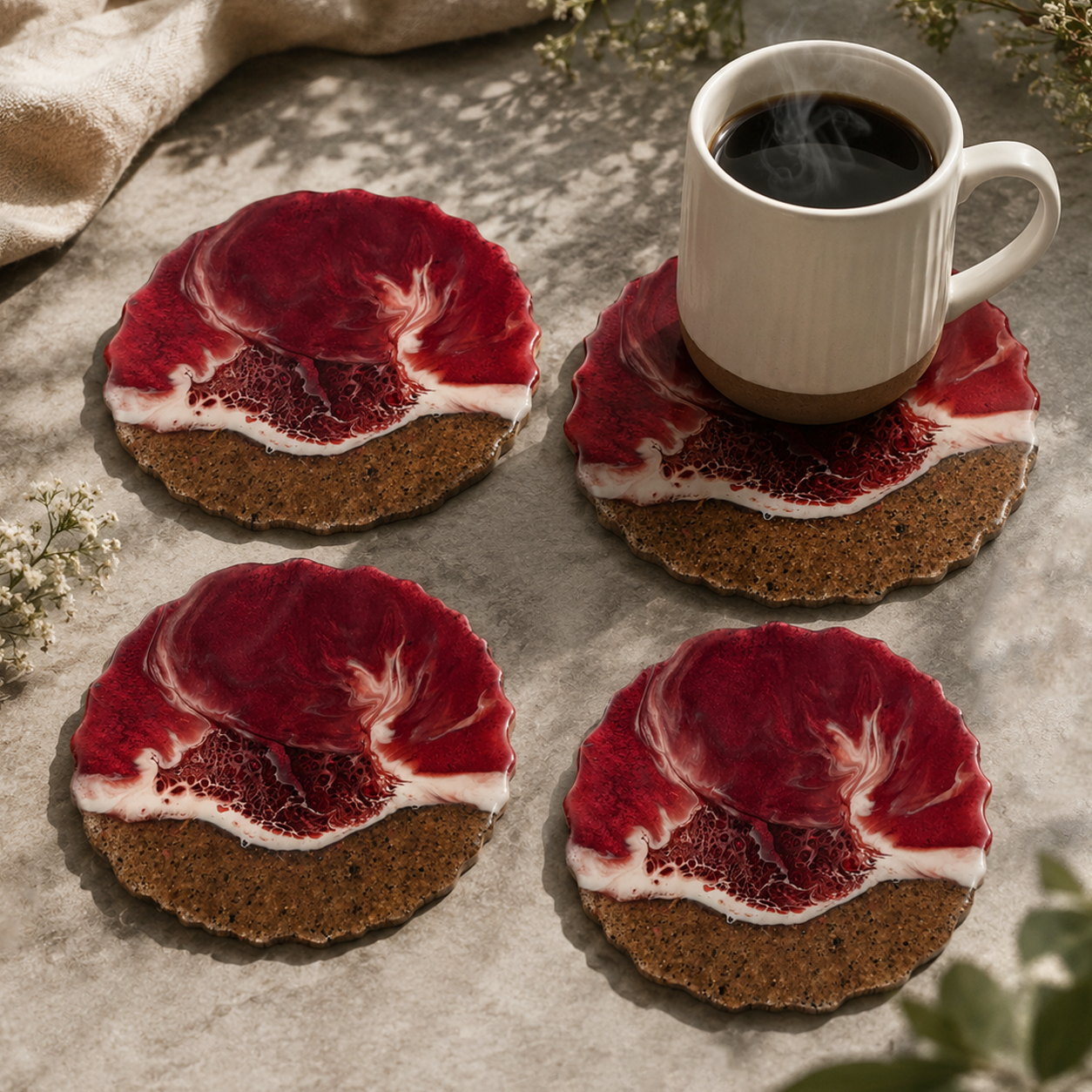 Resin & Wooden Round Shape Tea Coaster's | Set of 4 | Colour- Red