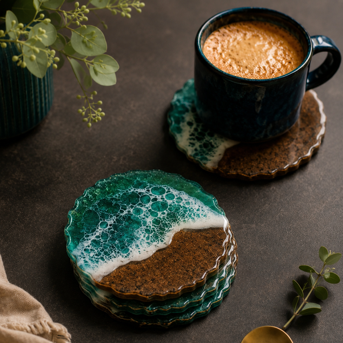 Resin & Wooden Round Shape Tea Coaster's | Set of 4 | Colour- Green