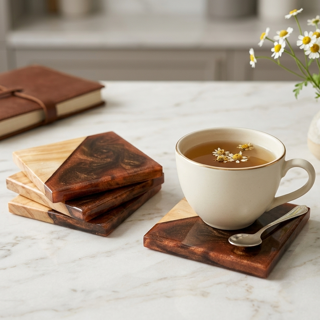 Resin & Wooden Tea Coaster's | Set of 4 | Colour- Brown