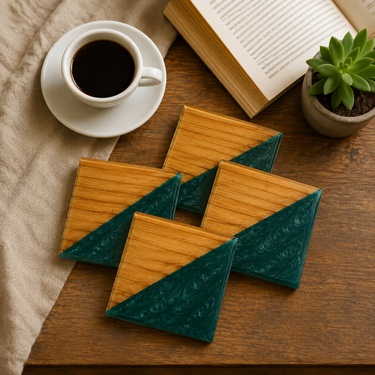 Resin & Wooden Tea Coaster's | Set of 4 | Colour- Green