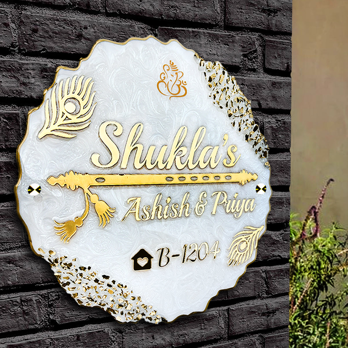 Customized Resin & Acrylic Name Plate for Home Entrance, Flat, Bungalow (Golden Waves)