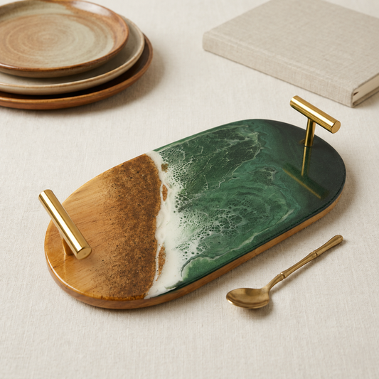 Classic Resin & Wooden Serving Tray | Colour- Green