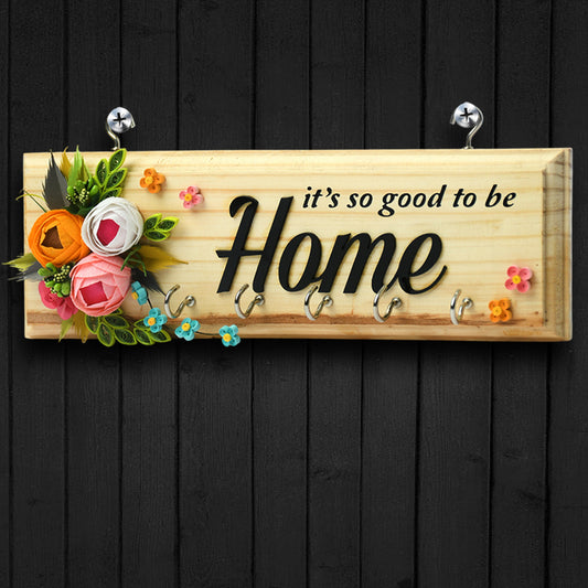 Elegant Wooden Key Holder for Home with Flowers Design & Beautiful Quote