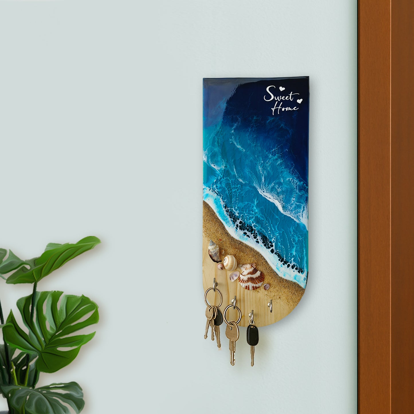 Wooden & Resin Key Holder for Home with Decorative Beach Theme with 4 Hooks