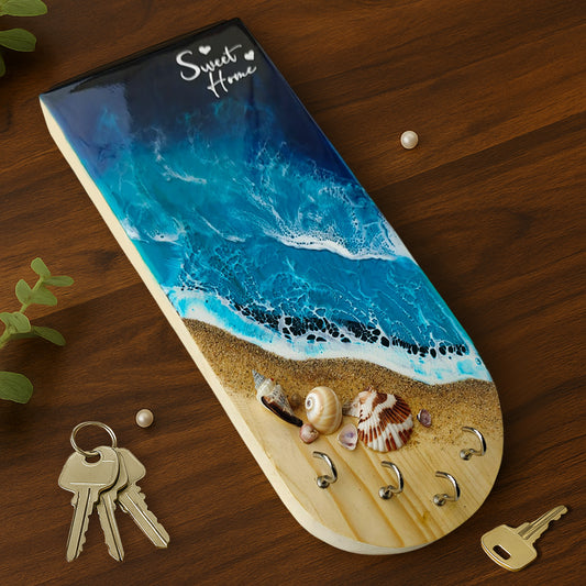 Wooden & Resin Key Holder for Home with Decorative Beach Theme with 4 Hooks
