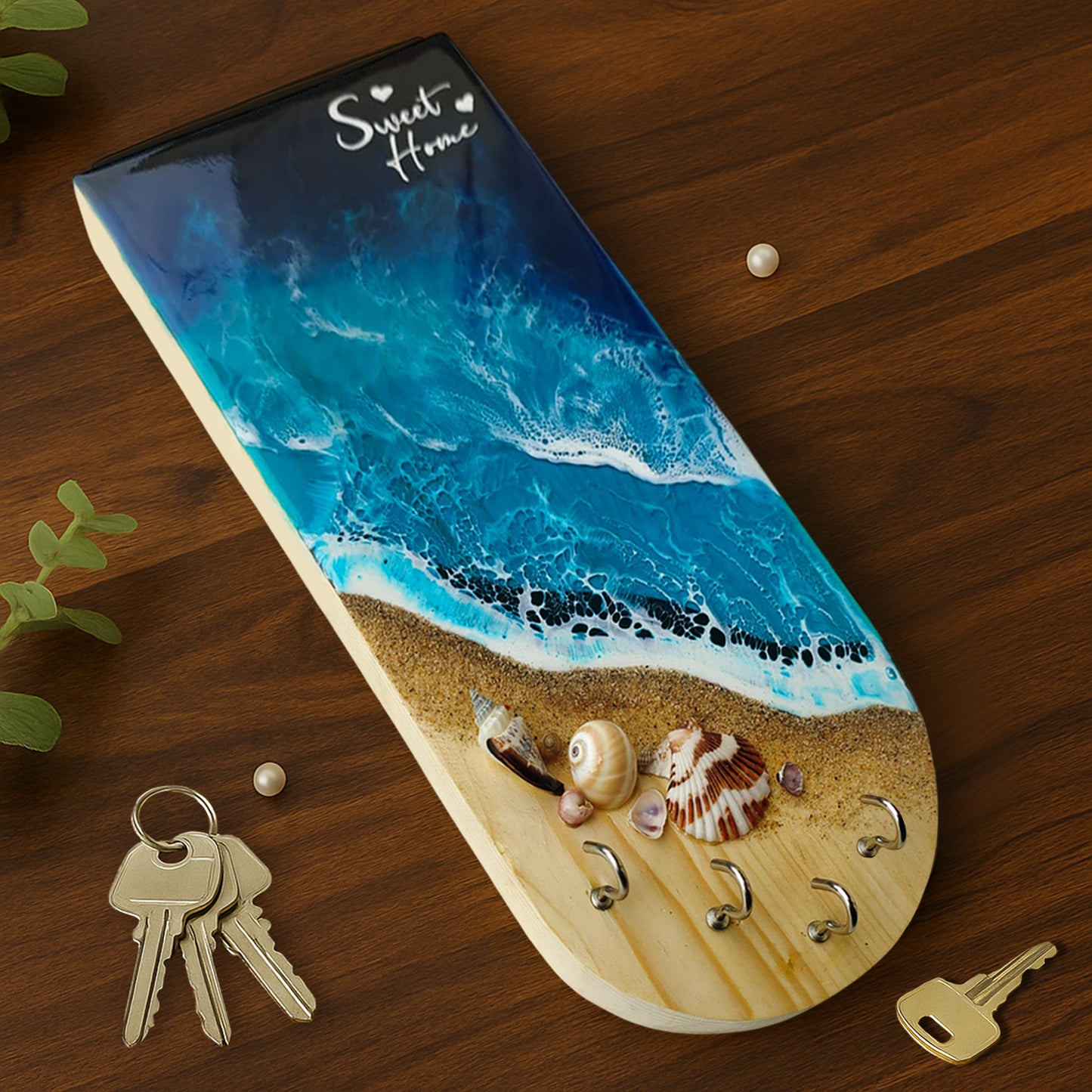 Wooden & Resin Key Holder for Home with Decorative Beach Theme with 4 Hooks
