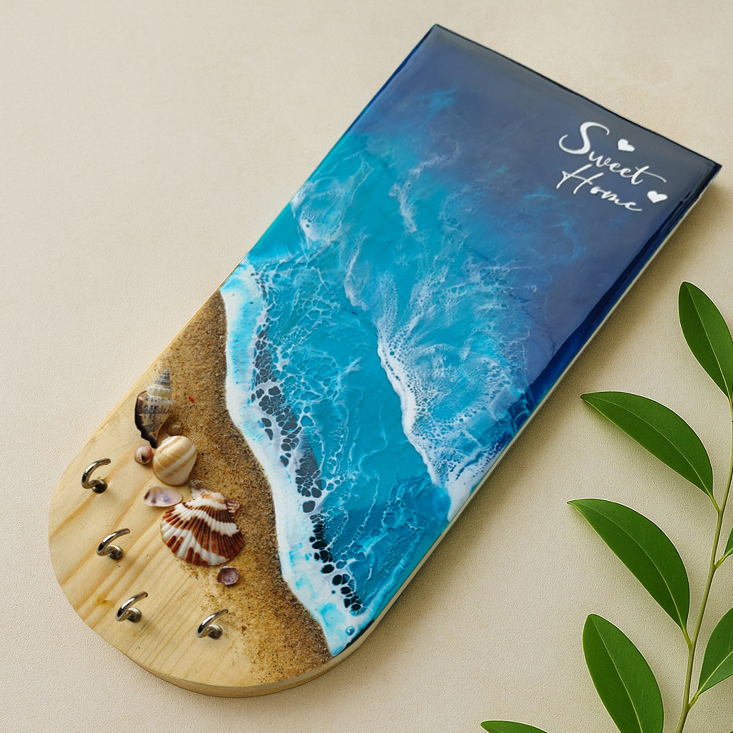 Wooden & Resin Key Holder for Home with Decorative Beach Theme with 4 Hooks