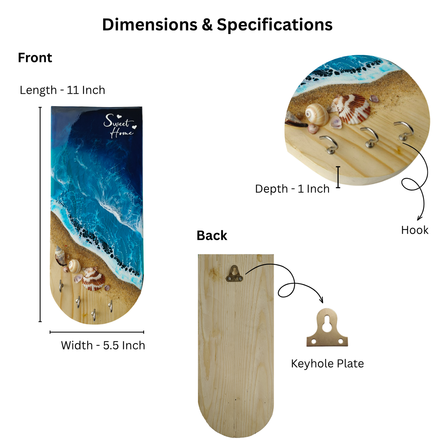 Wooden & Resin Key Holder for Home with Decorative Beach Theme with 4 Hooks