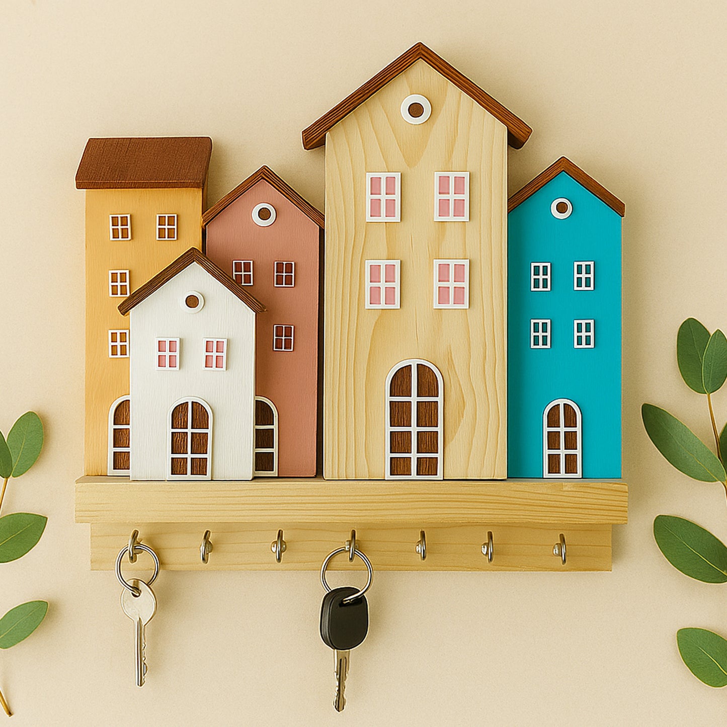Wooden Key Holder for Home with House Design | 7 Hooks to Hang Keys