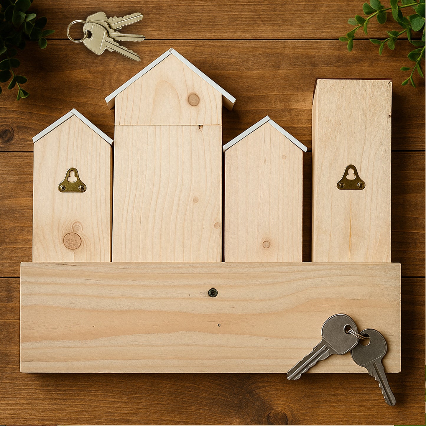 Wooden Key Holder for Home with House Design | 7 Hooks to Hang Keys