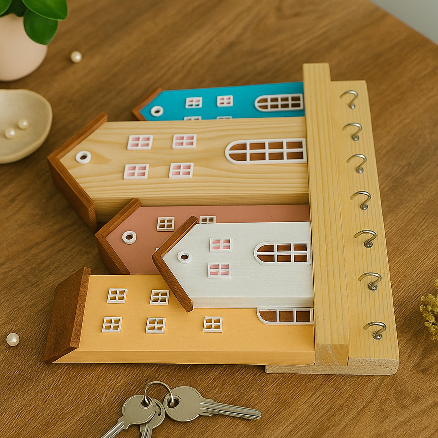 Wooden Key Holder for Home with House Design | 7 Hooks to Hang Keys