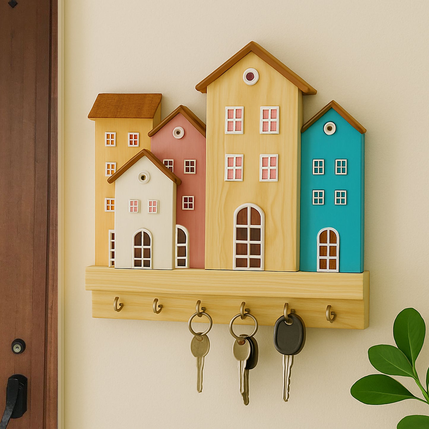 Wooden Key Holder for Home with House Design | 7 Hooks to Hang Keys