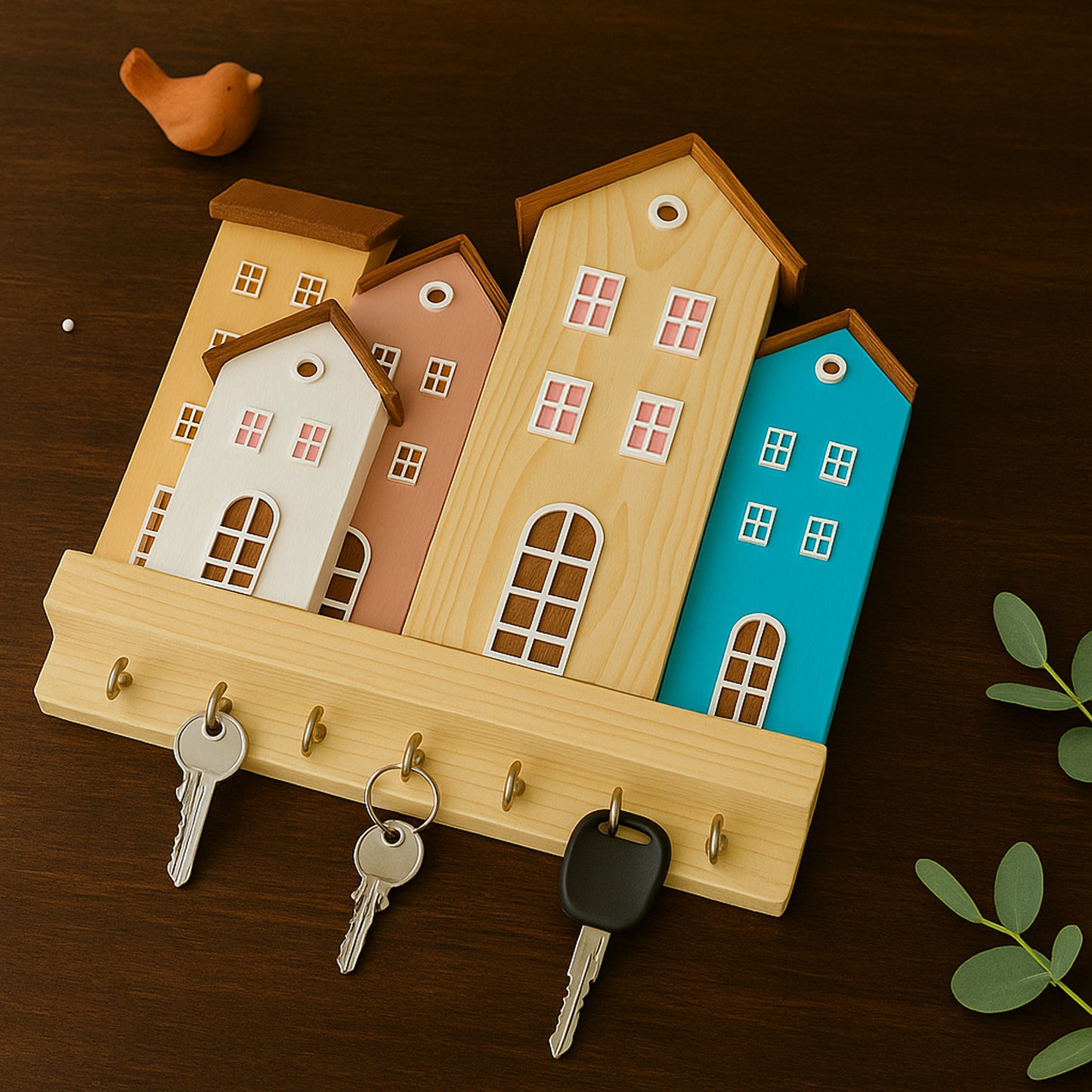 Wooden Key Holder for Home with House Design | 7 Hooks to Hang Keys