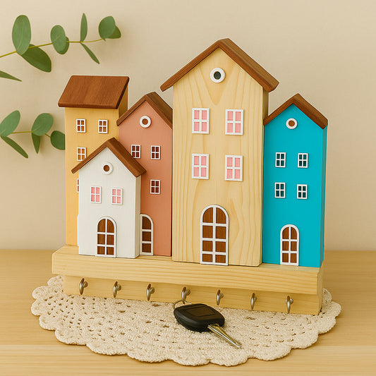Wooden Key Holder for Home with House Design | 7 Hooks to Hang Keys