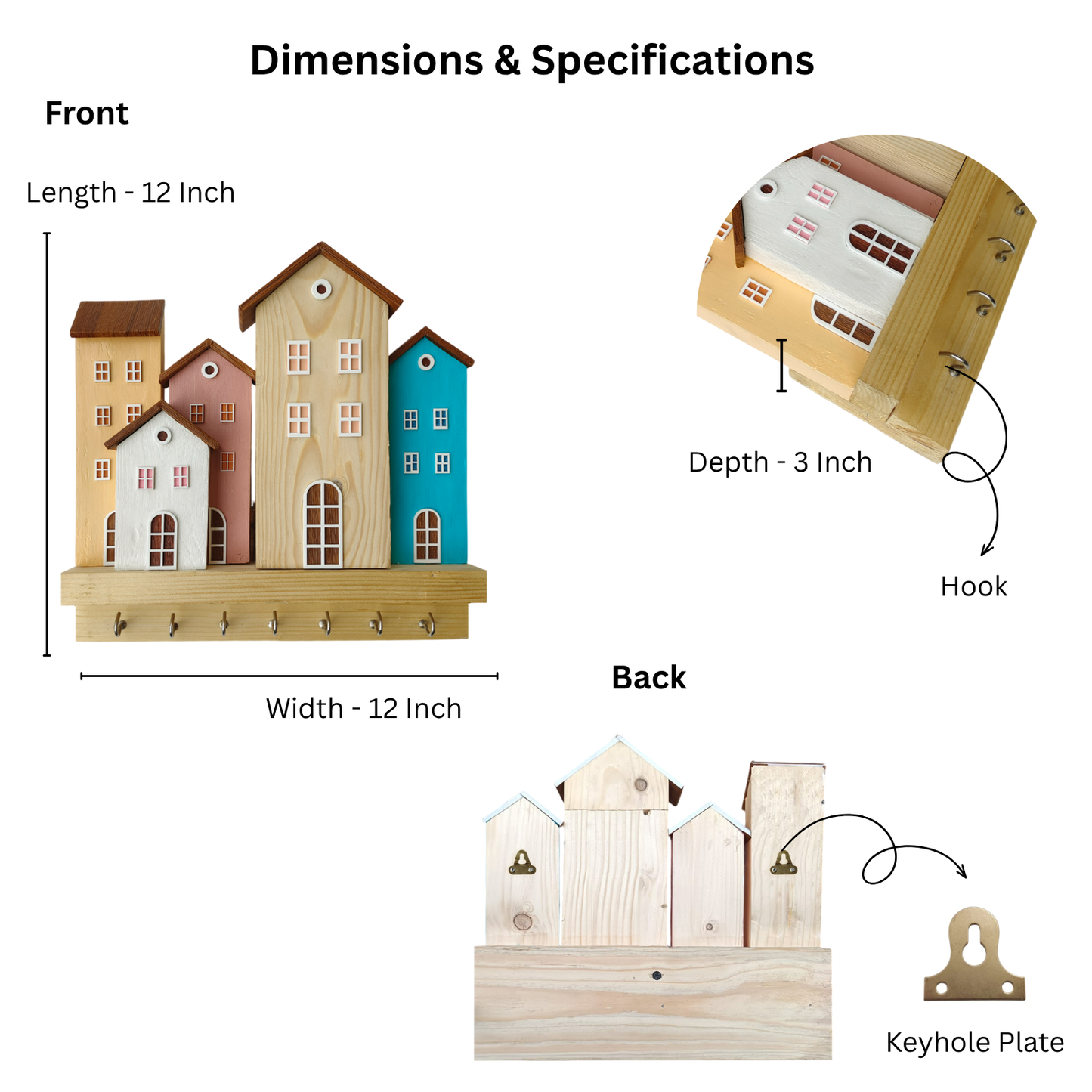 Wooden Key Holder for Home with House Design | 7 Hooks to Hang Keys