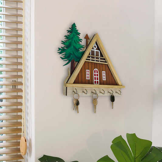 Hut Shape Wooden Key Holder for Home | 6 Hooks to Hang Keys