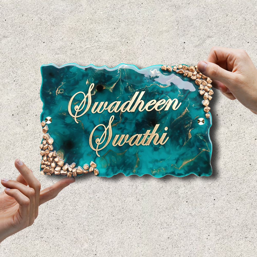 Resin & Acrylic Name Plate for Home Entrance, Flat Bungalow (Resin Blue)