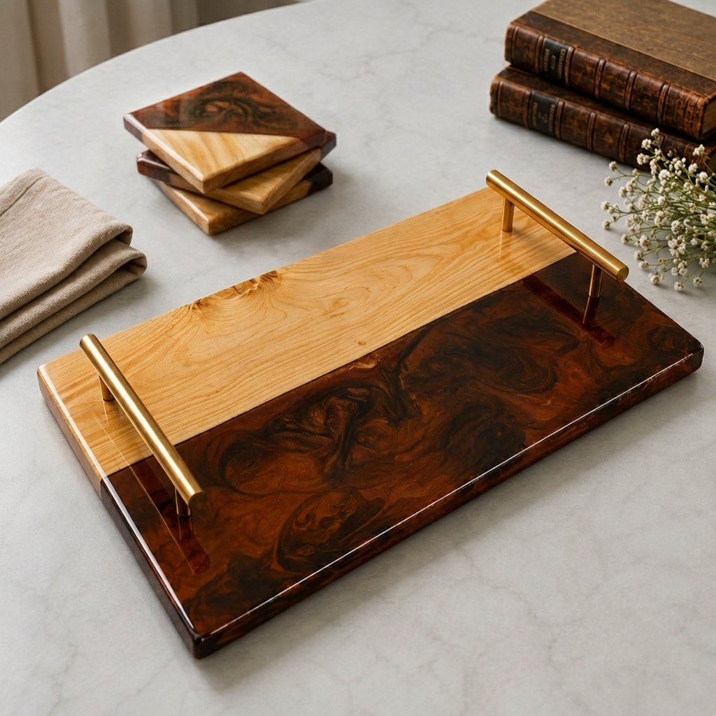 Resin & wooden Serving Tray with Coasters | Colour- Brown