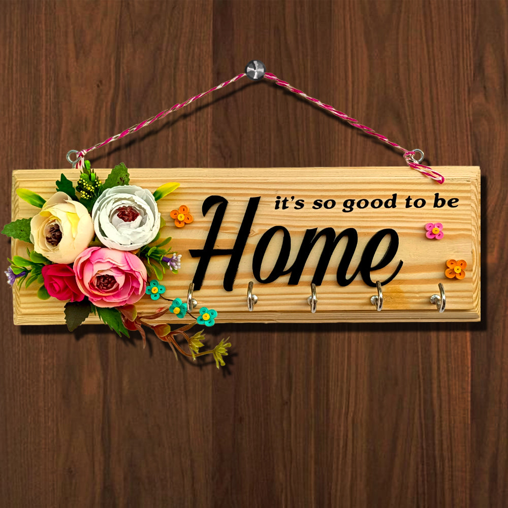 Elegant Wooden Key Holder for Home with Flowers Design & Beautiful Quote