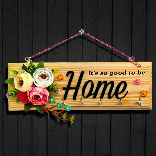 Elegant Wooden Key Holder for Home with Flowers Design & Beautiful Quote