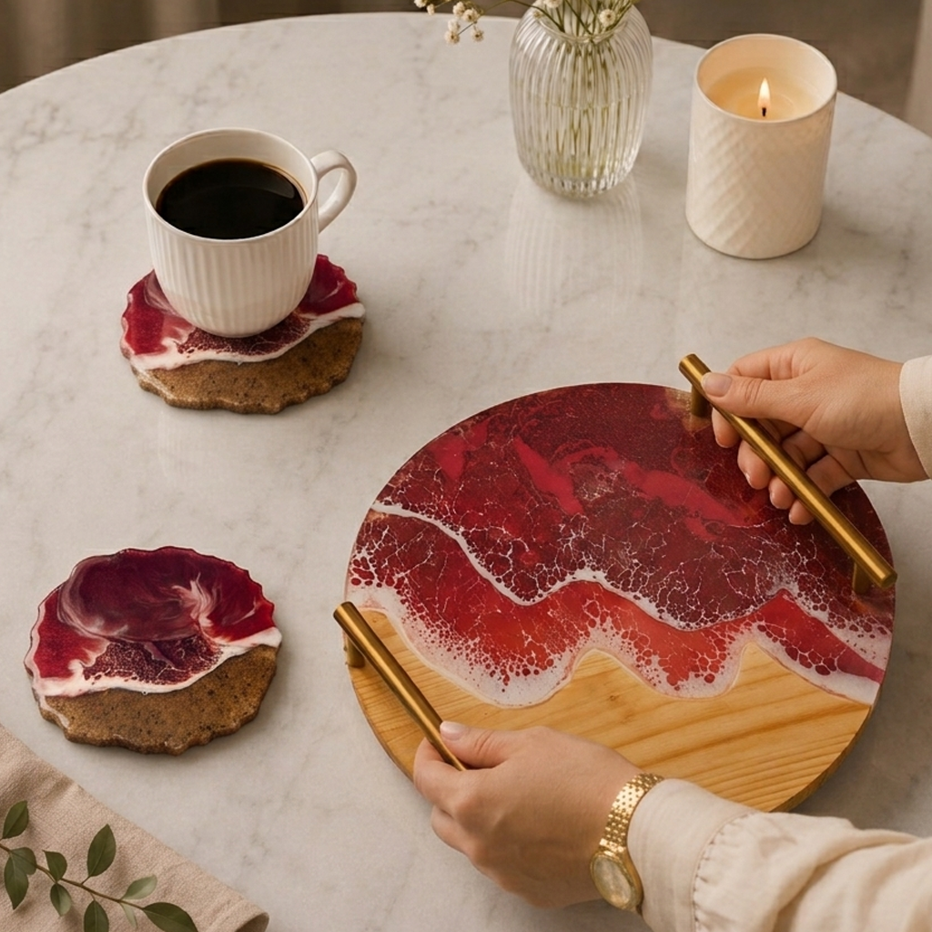 Circular Resin & Wooden Serving Trays with Metal Handle