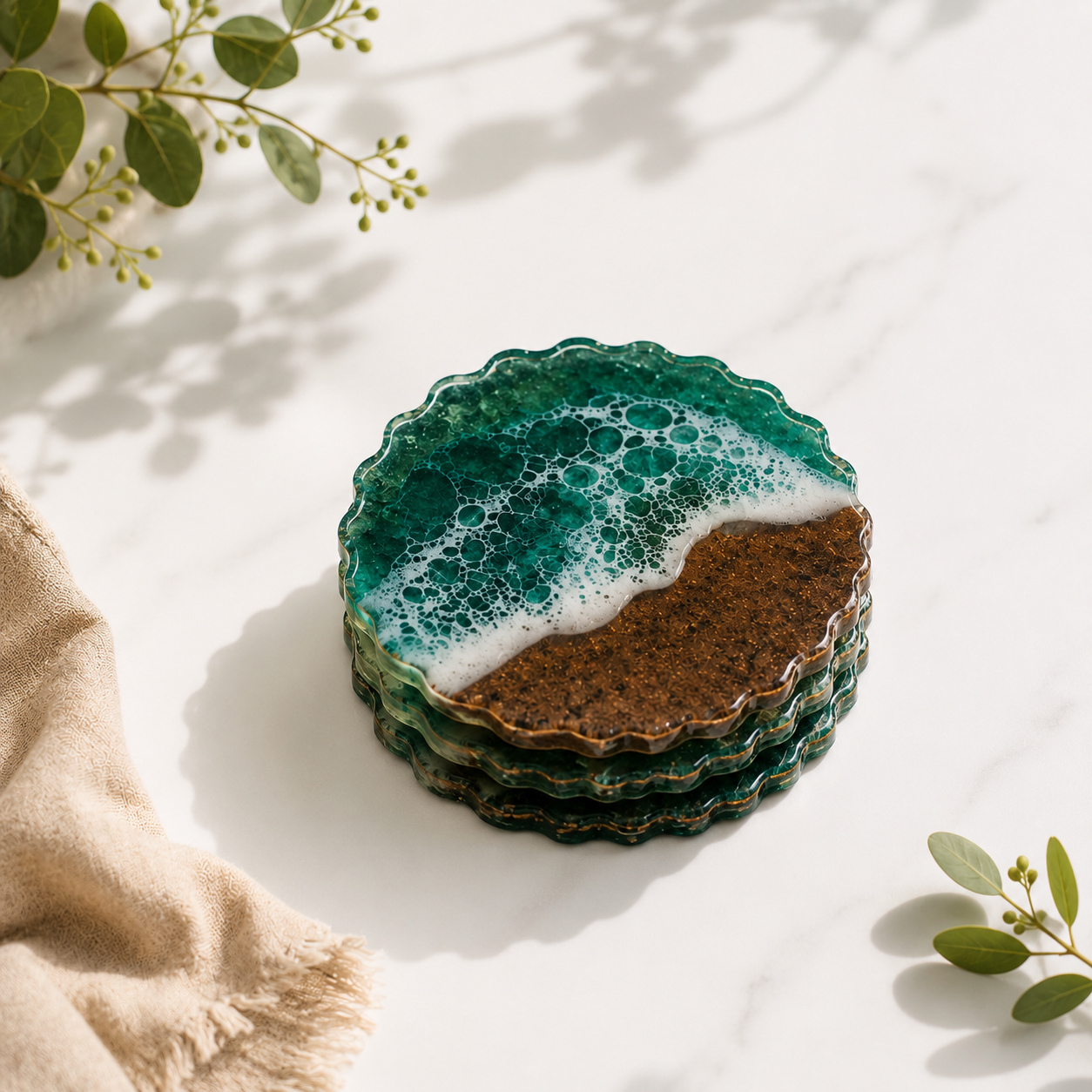Resin & Wooden Round Shape Tea Coaster's | Set of 4 | Colour- Green