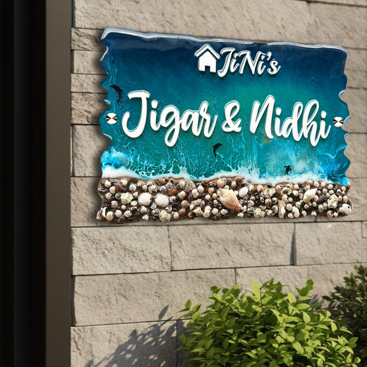 Beach Theme Resin & Acrylic Name Plate for House Entrance, Flat, Bungalow (Shells & Waves)