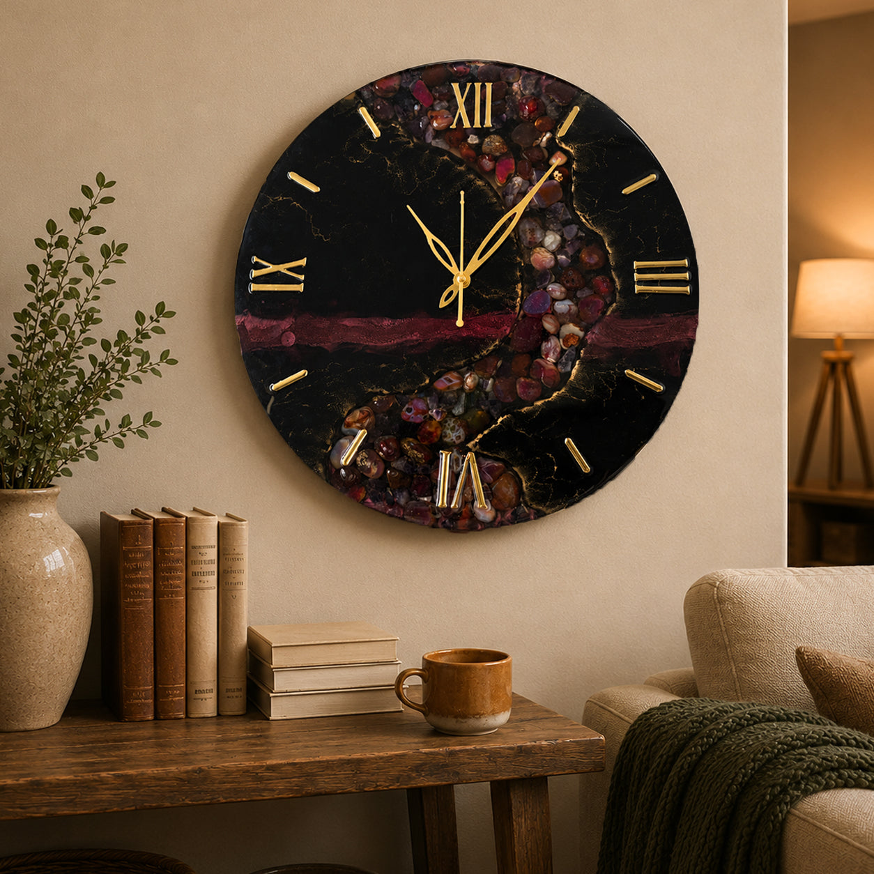 Resin Wall Clock with Decorative River Stones