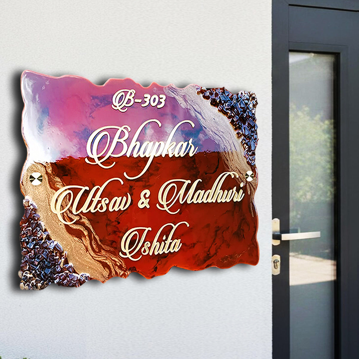 Classic Resin & Acrylic Name Plate for House Entrance, Flat, Bungalow (Red Shine)