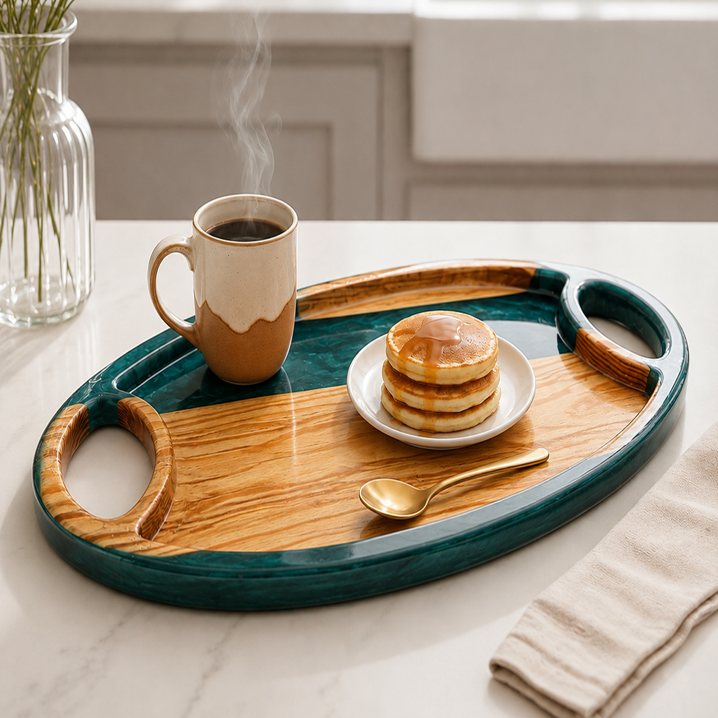 Resin & Wooden Serving Tray with Tea Coasters