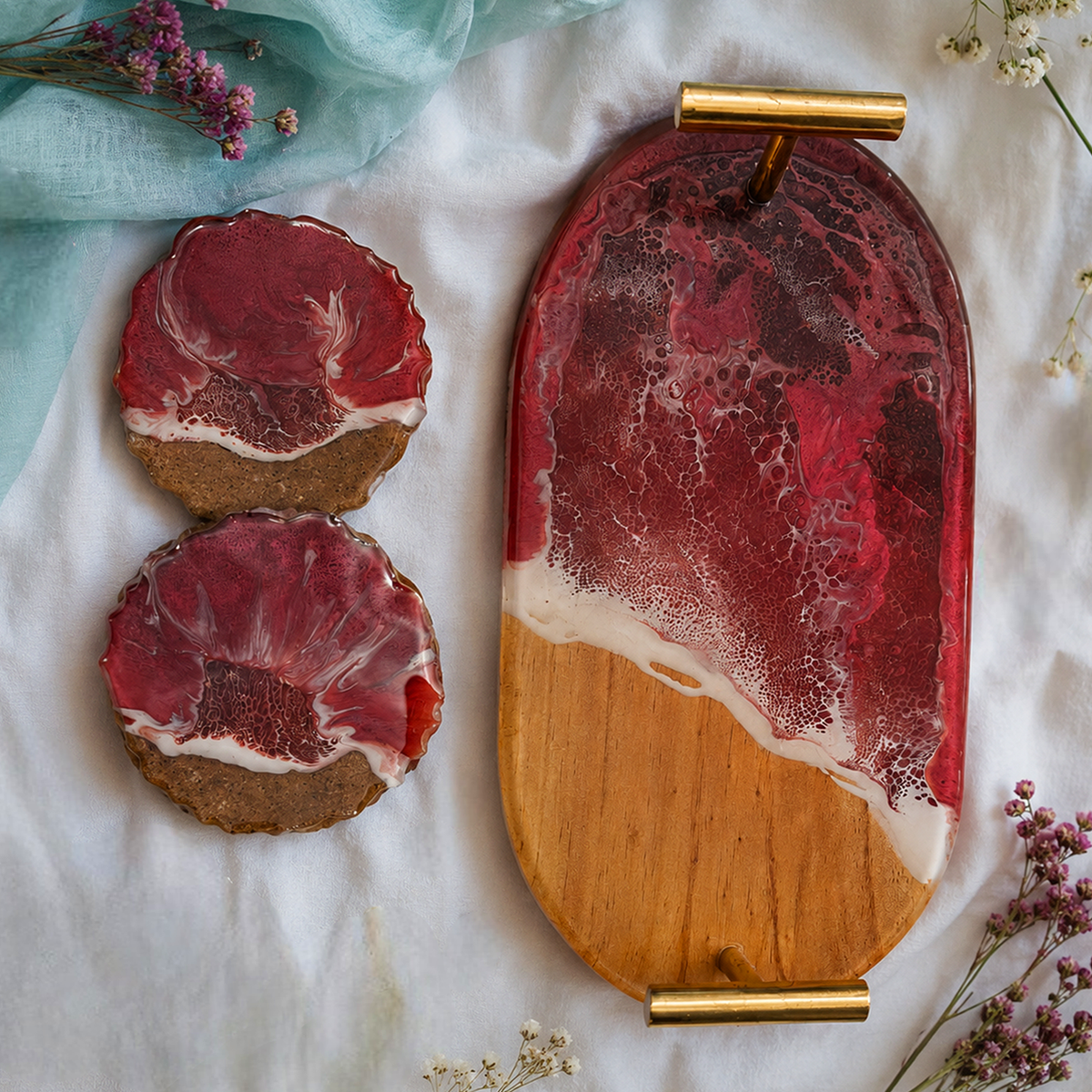 Elegant Resin & Wooden Tray with Coasters