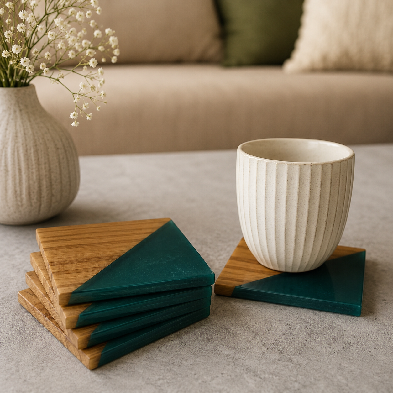 Resin & Wooden Tea Coaster's | Set of 4 | Colour- Green