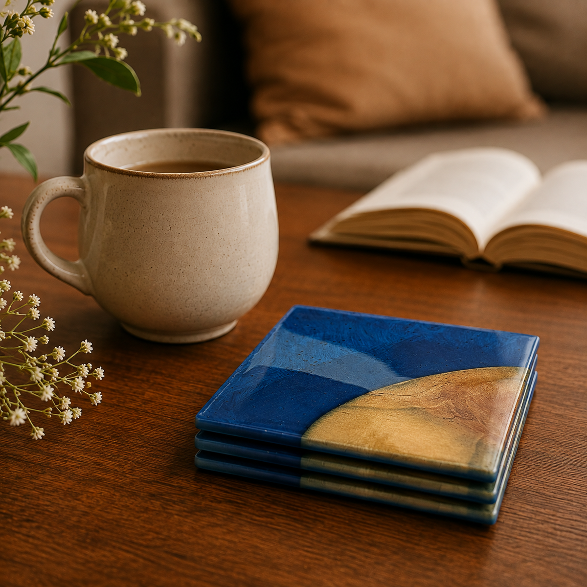 Resin & Wooden Tea Coaster's | Set of 4 | Colour- Blue
