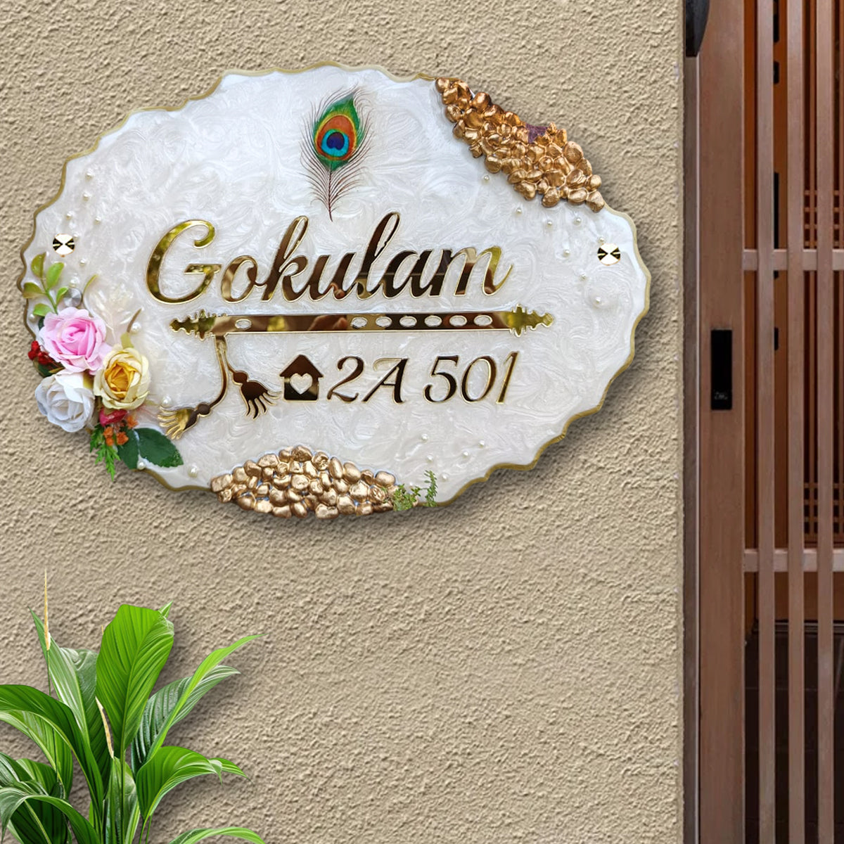 Customized Oval Shape Resin & Acrylic Name Plate for House Entrance, Flat, Bungalow (Roses And Stones)