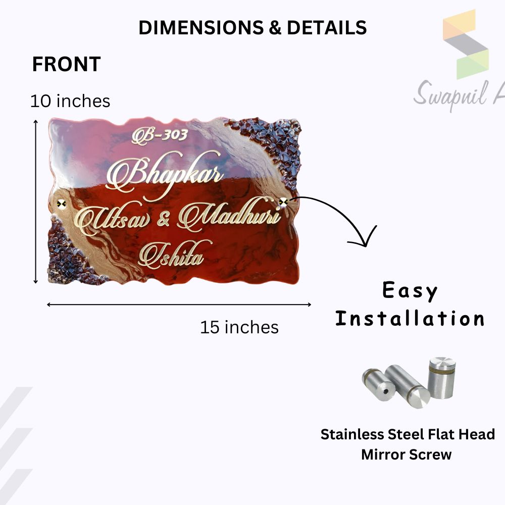 Classic Resin & Acrylic Name Plate for House Entrance, Flat, Bungalow (Red Shine)