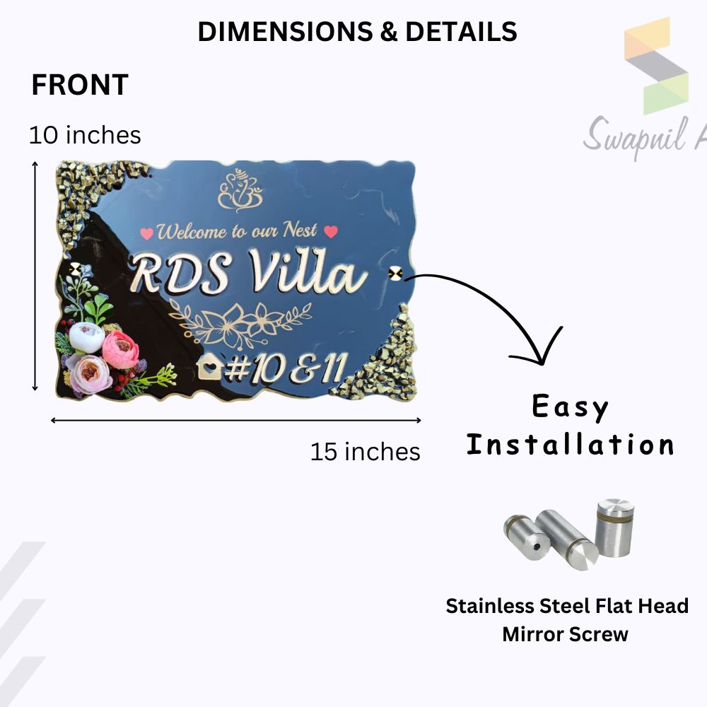 Shiny Resin & Acrylic Name Plate for House Entrance, Flat, Bungalow (Resin Black)