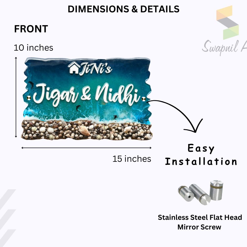 Beach Theme Resin & Acrylic Name Plate for House Entrance, Flat, Bungalow (Shells & Waves)