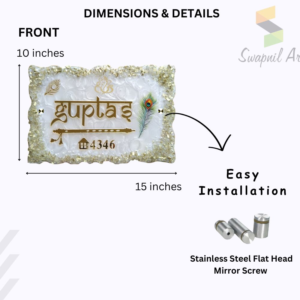 Resin & Acrylic Name Plate for House Entrance, Flat, Bungalow (Shiny Stones Art)