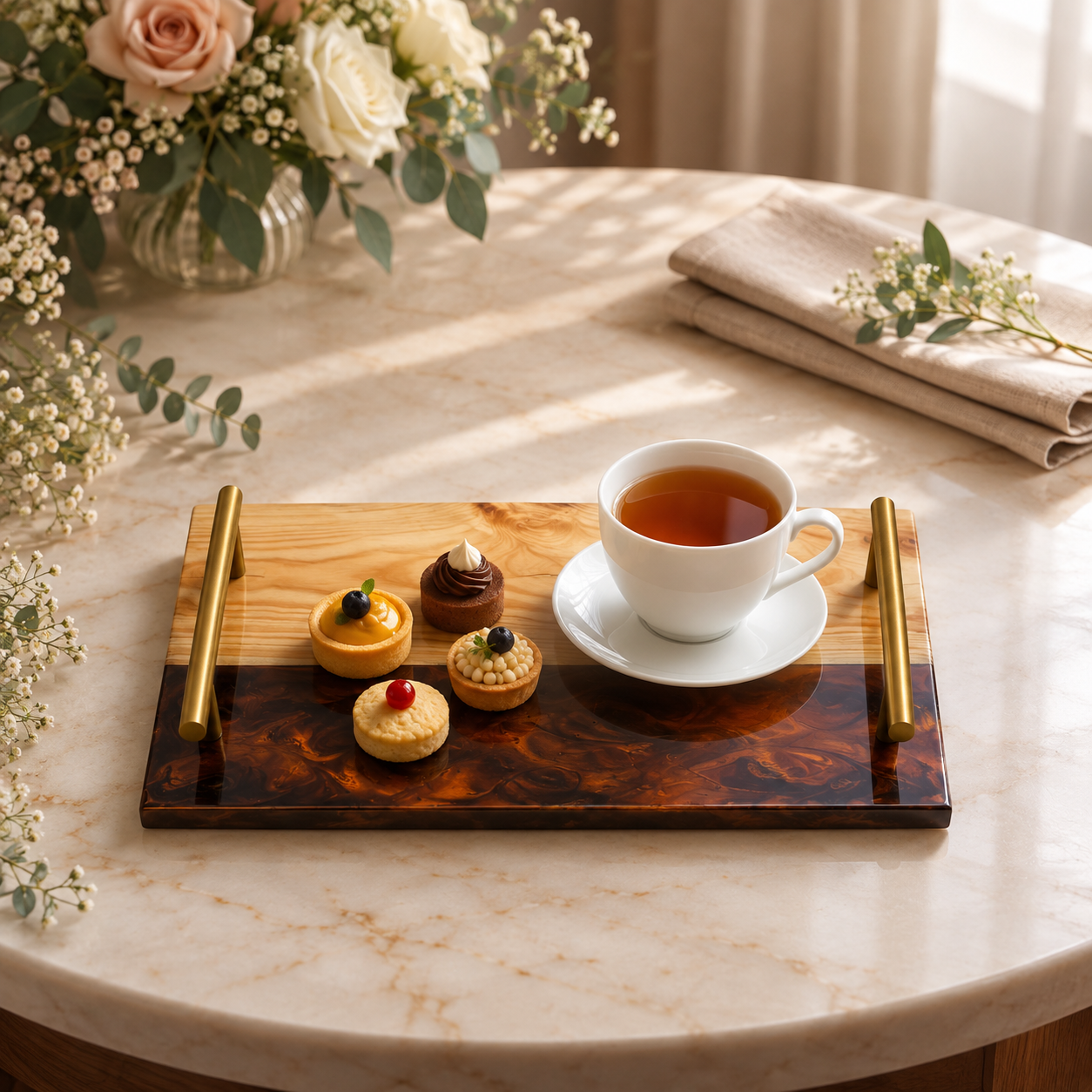 Resin & wooden Serving Tray with Coasters | Colour- Brown