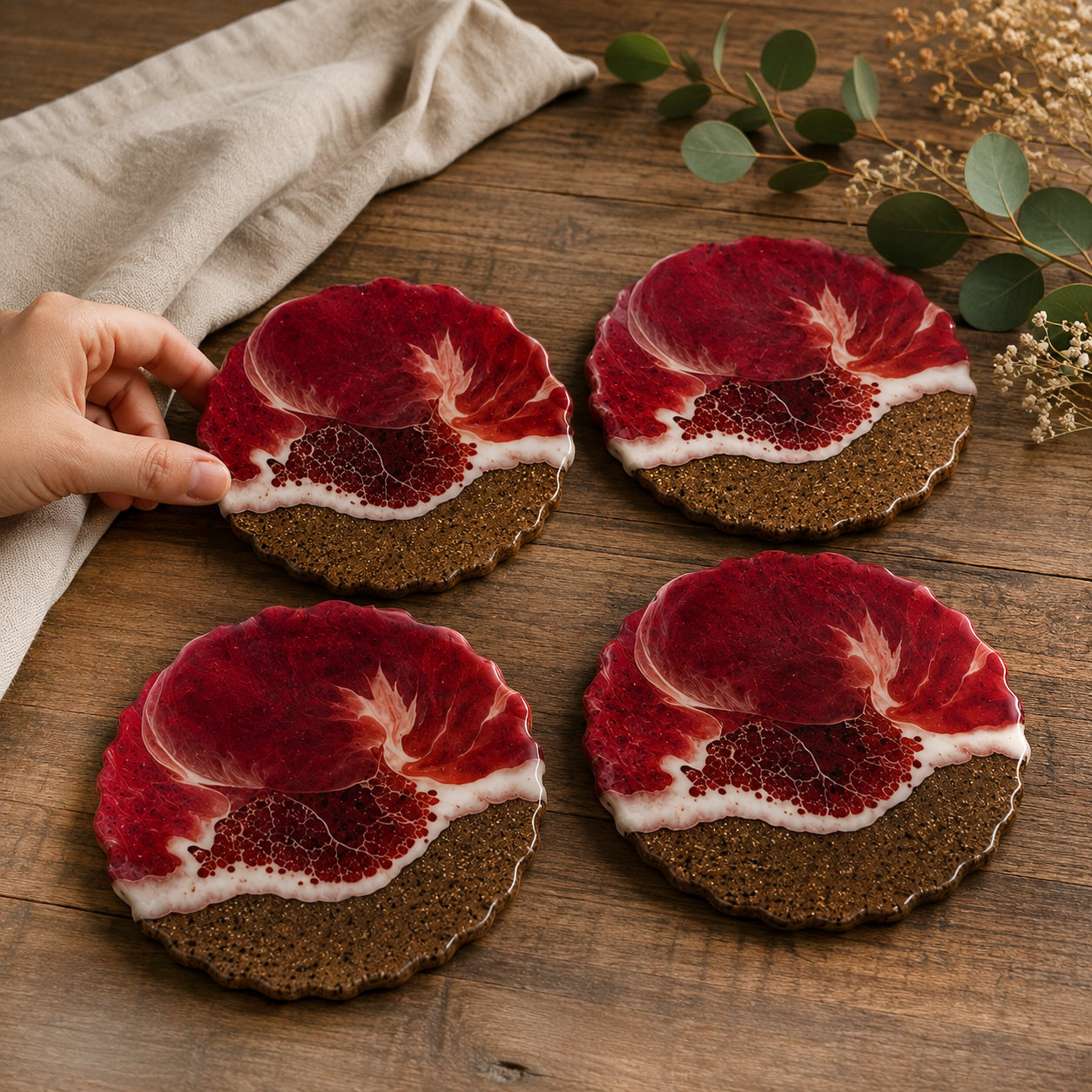 Resin & Wooden Round Shape Tea Coaster's | Set of 4 | Colour- Red