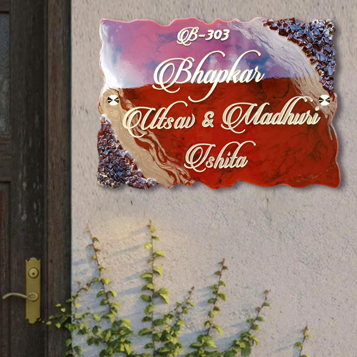 Classic Resin & Acrylic Name Plate for House Entrance, Flat, Bungalow (Red Shine)