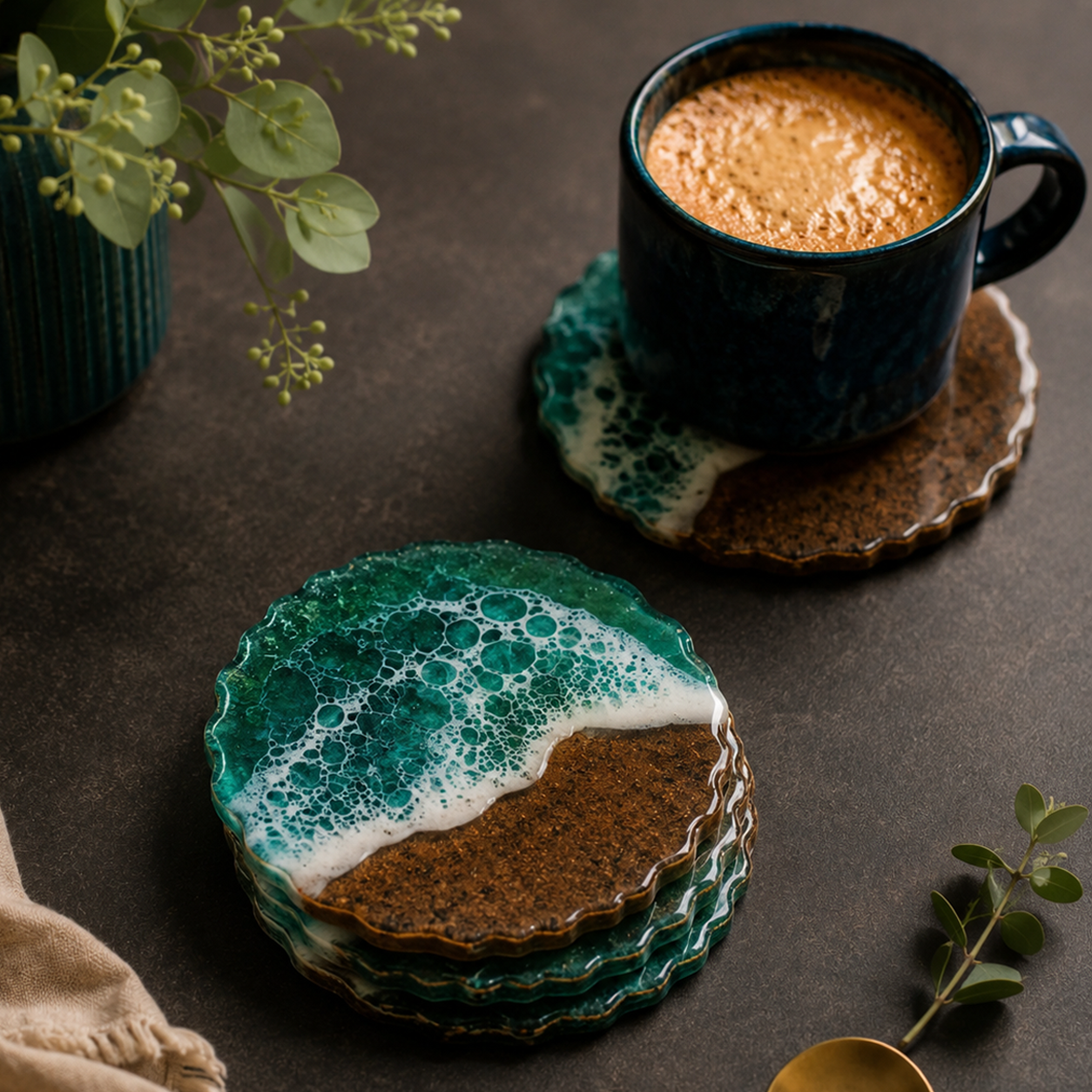 Resin & Wooden Round Shape Tea Coaster's | Set of 4 | Colour- Green