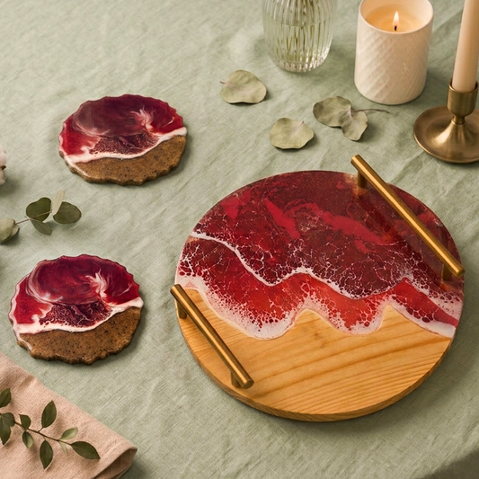 Circular Resin & Wooden Serving Trays with Metal Handle