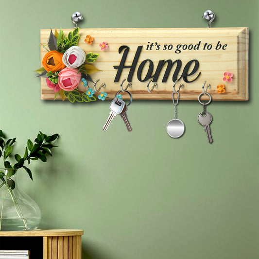 Elegant Wooden Key Holder for Home with Flowers Design & Beautiful Quote