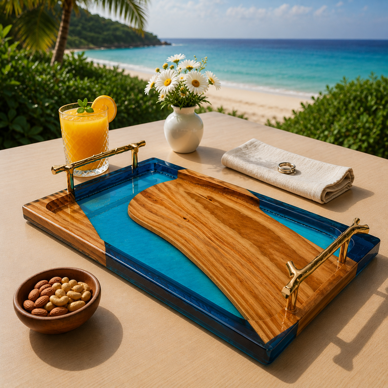 Wooden & Resin Serving Tray with Metal Handels