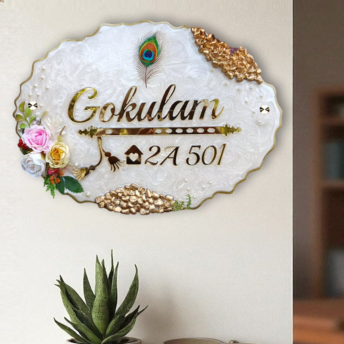 Customized Oval Shape Resin & Acrylic Name Plate for House Entrance, Flat, Bungalow (Roses And Stones)