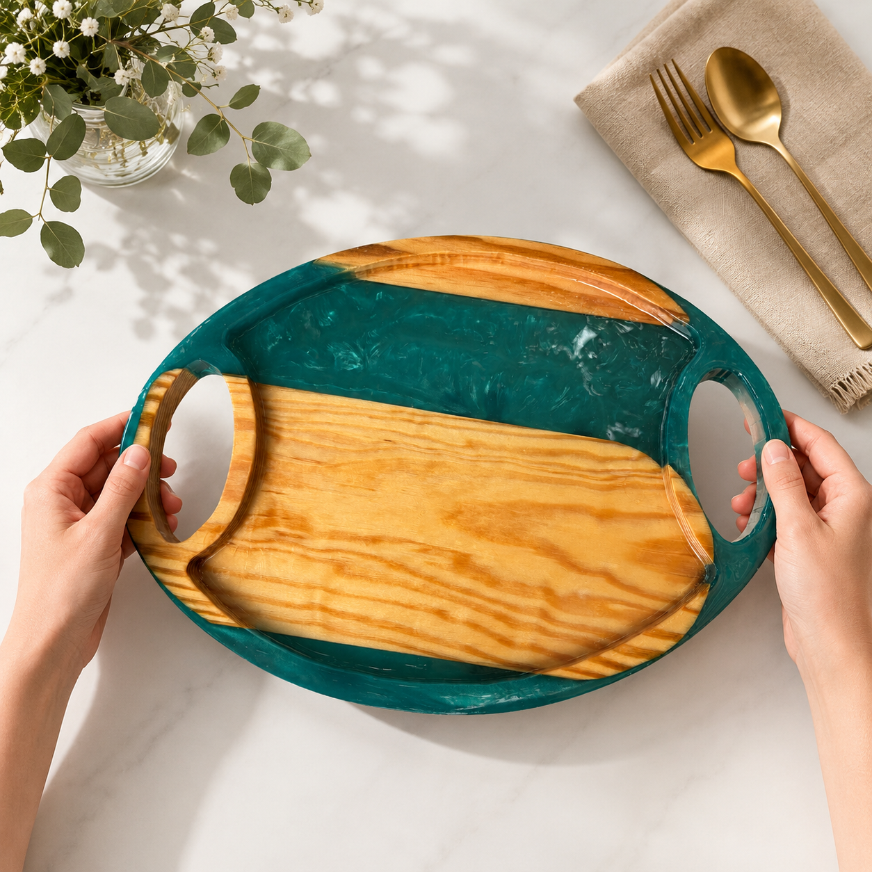 Resin & Wooden Serving Tray with Tea Coasters