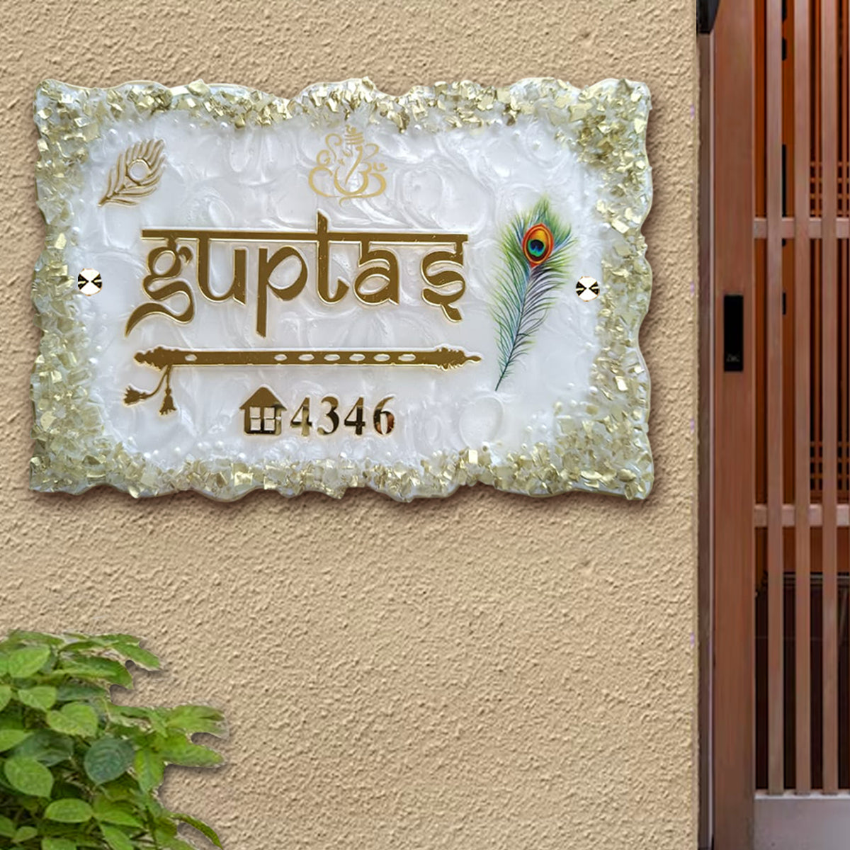 Resin & Acrylic Name Plate for House Entrance, Flat, Bungalow (Shiny Stones Art)